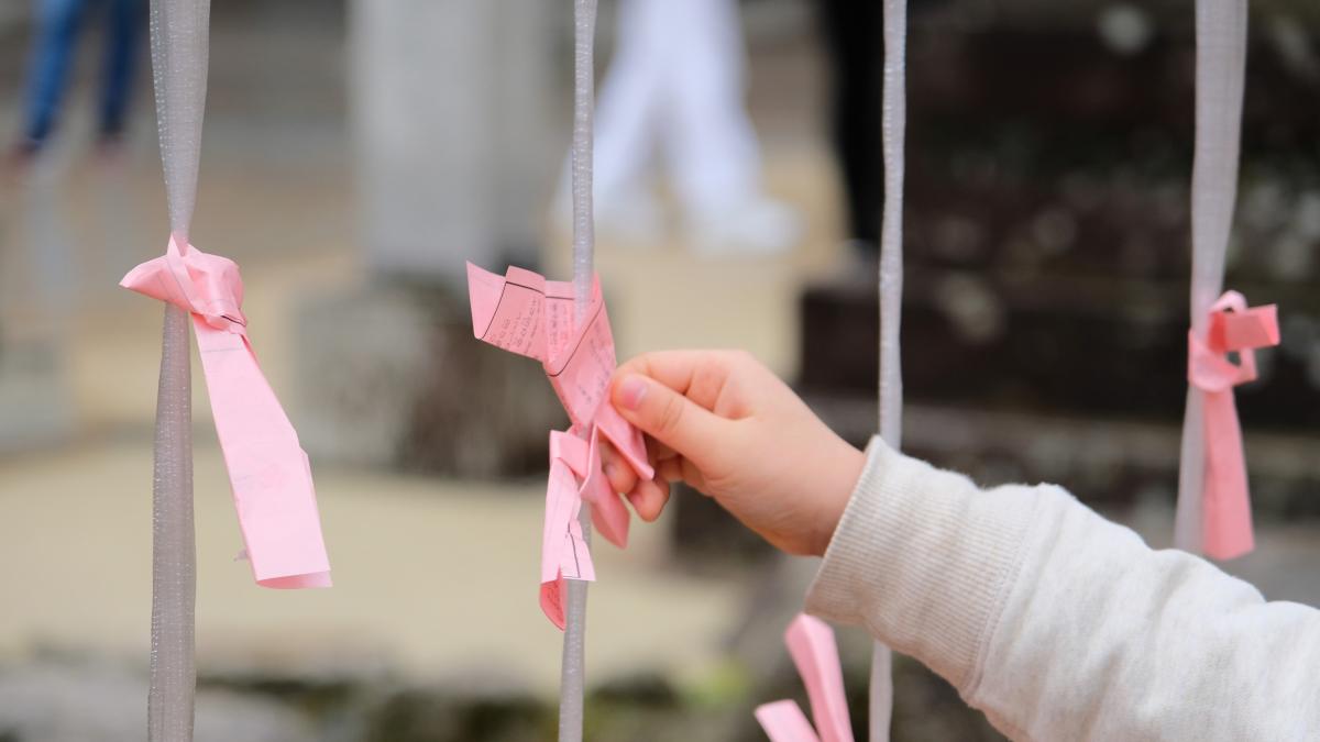 Vaaleanpunaisia paperilappuja on roikkumassa nauhassa ja yhtä lappua, joka on kiinnitetty eri lailla, koskettaa käsi.