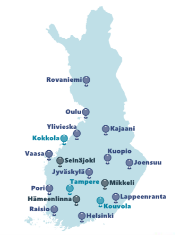 Kartta, jossa Valtorin toimipisteet Suomen kartalla. 
