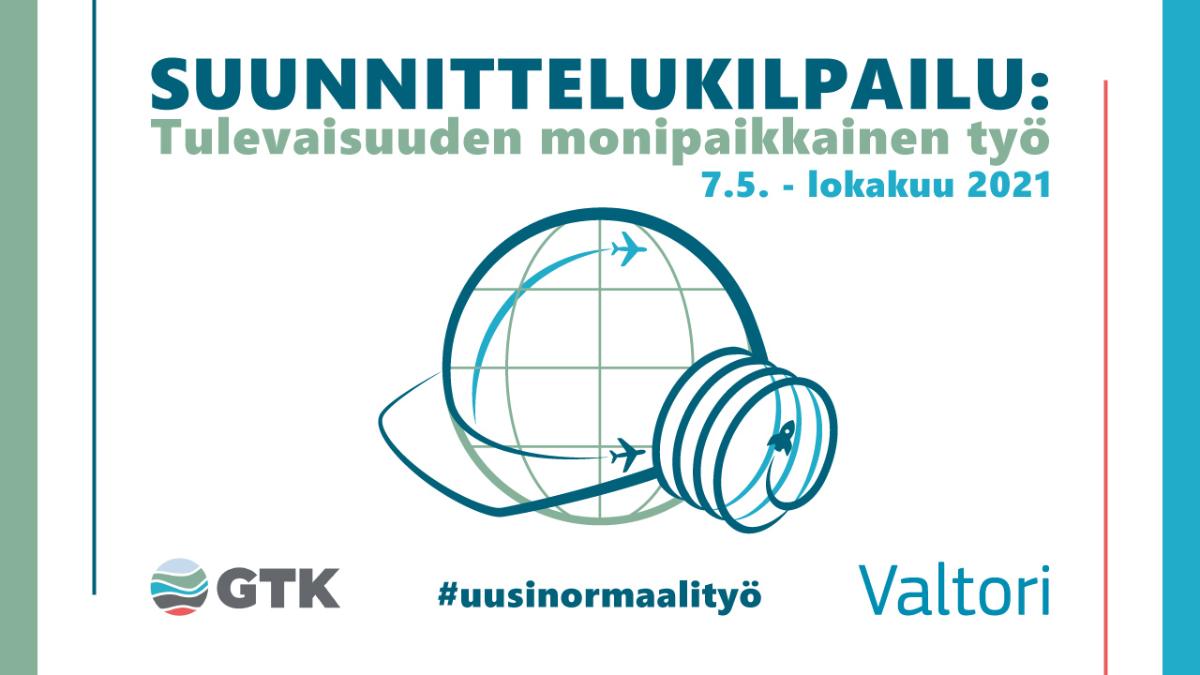 Logo jossa lamppu, lentokoneita ja työkypärä ja teksti: Suunnittelukilpailu, tulevaisuuden monipaikkainen työ 7.5. - lokakuu 2021.