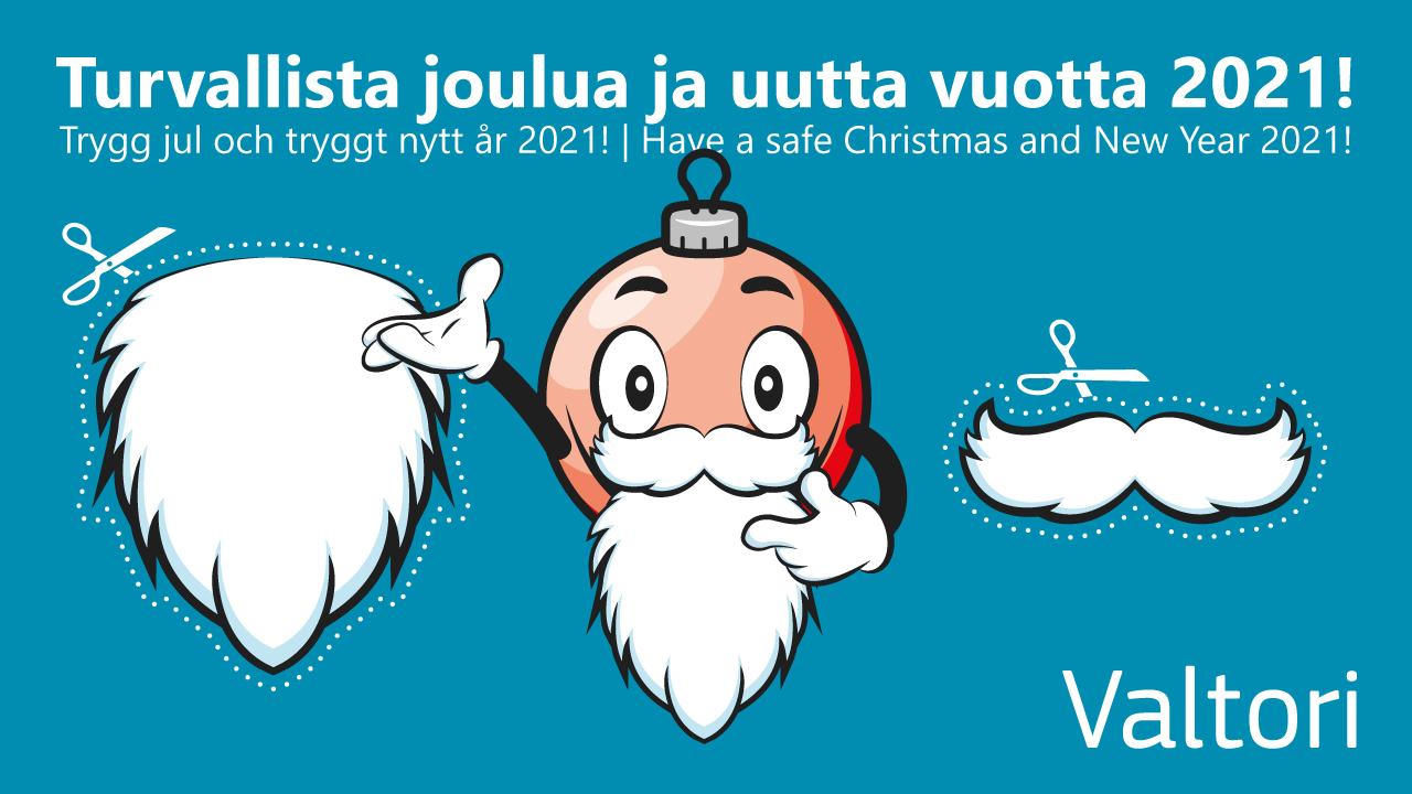 Kuva jossa leikattava pukinparta ja teksti Turvallista joulua ja uutta vuotta 2021