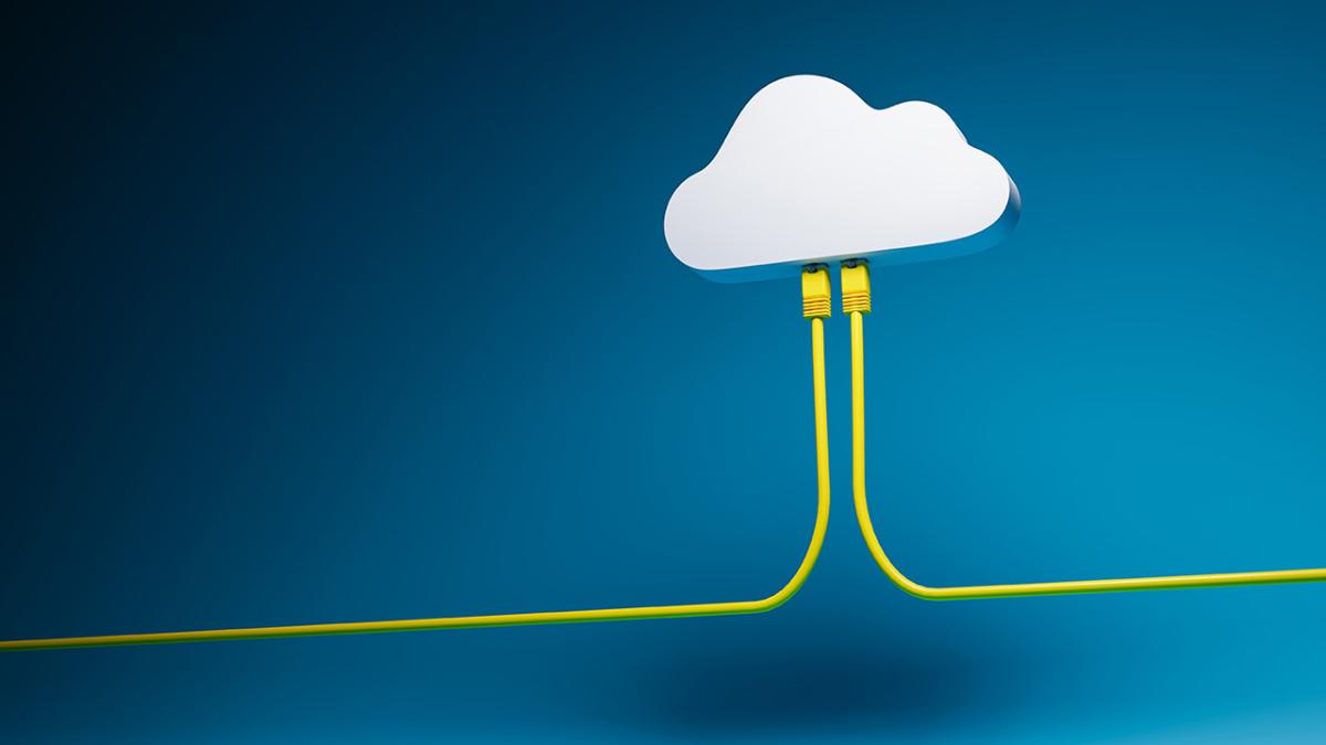 Kuvituskuva, jossa on pilvi ja sinne kulkeutuu USB-piuha.