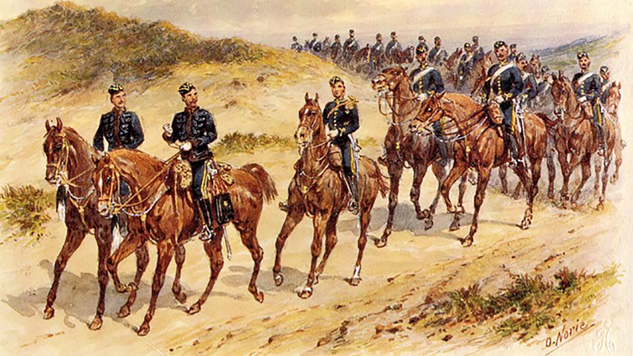 Piirroskuva ratsuväkijoukosta.